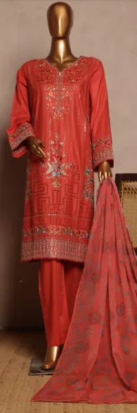 Pakistani Original Bin Saeed luxury Stitched Cotton Embroidered 3 Pcs _ Rust 